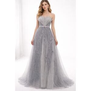 Amir Sali Gown Maxi Formal Dress Women Size 6 Silver Glitter Designer NWT